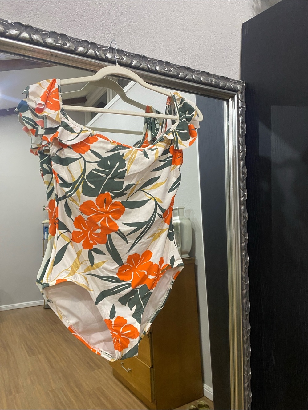 Vince Camuto Orange & Green Floral Ruffled One-Piece Swimsuit